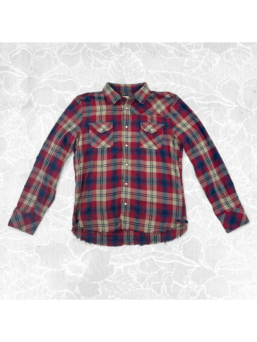 Diesel Vintage Red, Tan and Blue Plaid Pearl Snap Button-Up with Frayed Hem - L